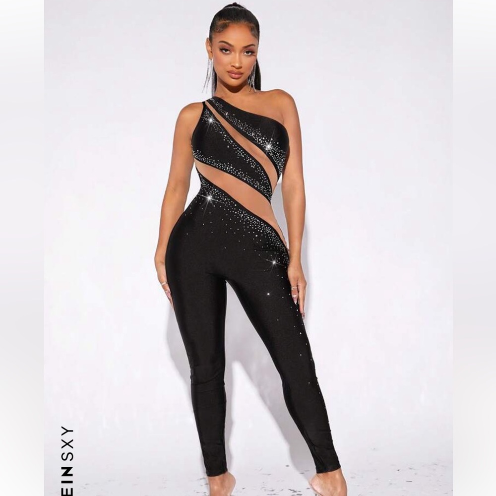 One Shoulder Mesh Rhinestone Jumpsuit